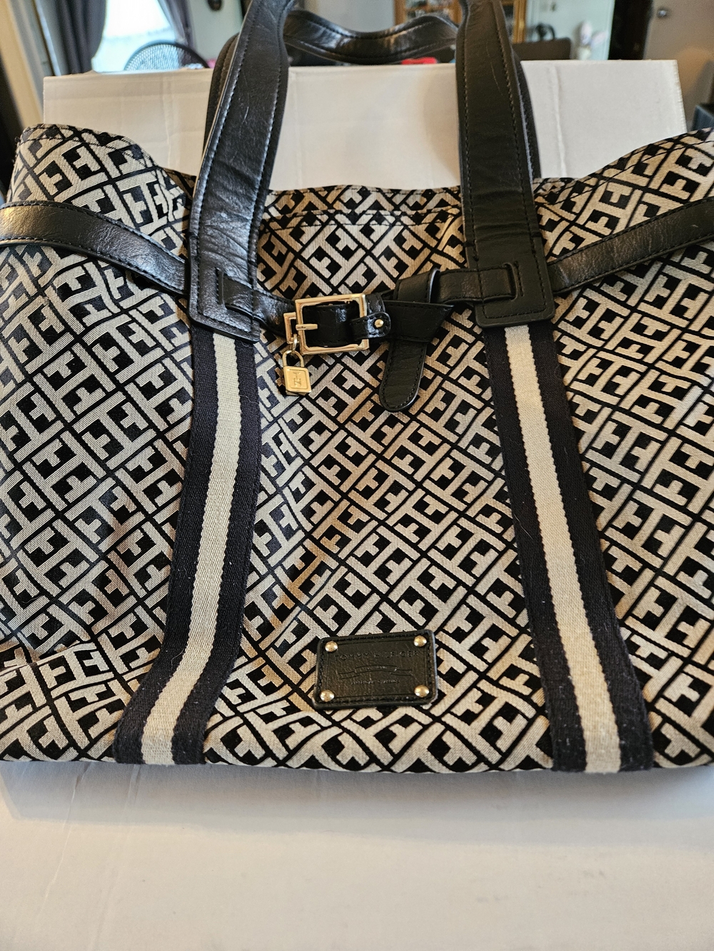 Tommy Hilfiger Black & Cream Geometric Tote Bag with Gold Accent